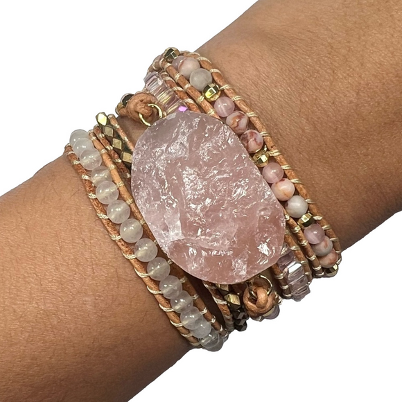 Rough Rose Quartz Long Gemstone Wrap Bracelet - Picture 1 of 6